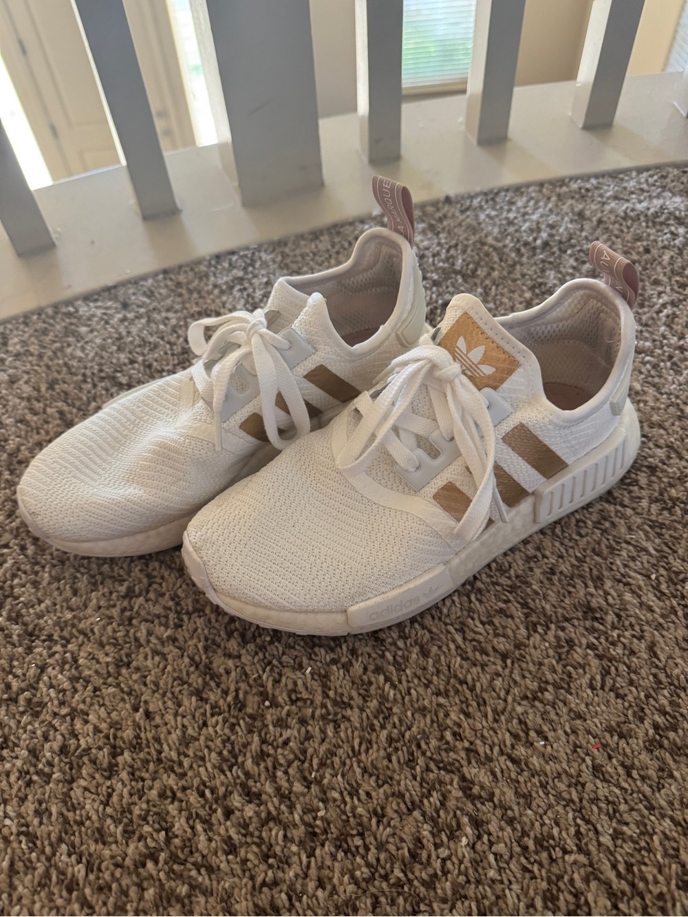 adidas NMD R1 White Sneakers with Gold metallic Accent Stripes